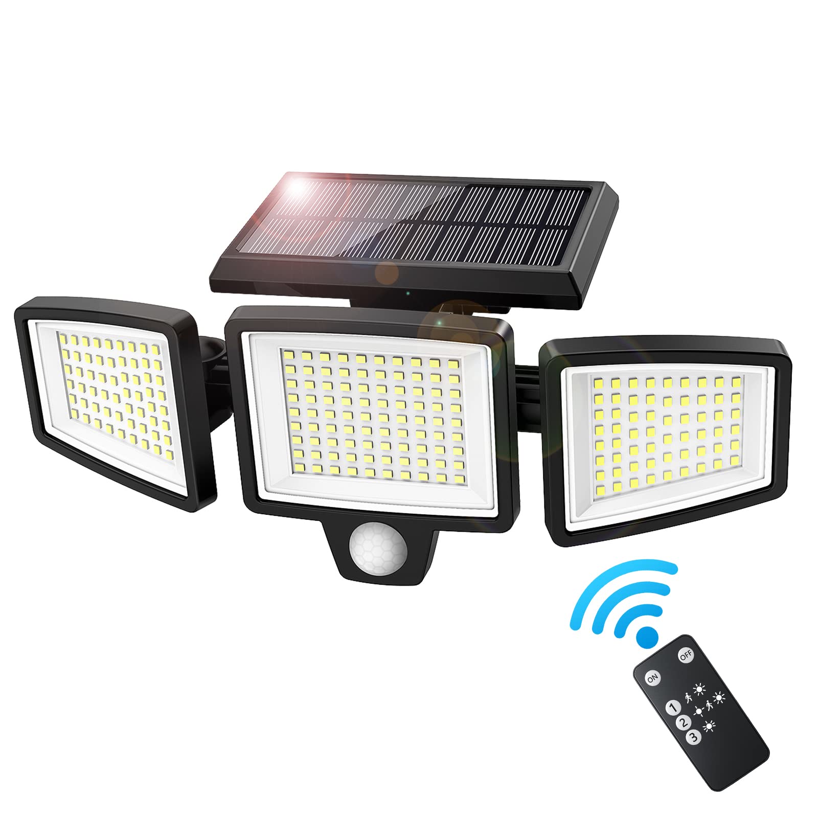 ソーラーライト 屋外 防水 センサーライト【210LED 3面発光 光束最大2500ルーメン】3つ知能モード 2200mAh大容量電池 超高輝度 360°角度調整可能 防犯 自動点灯/消灯 ガーデン/壁掛け/庭先/表玄関/駐車場/停電時適用 地震 津波 台風 防災対応 1個