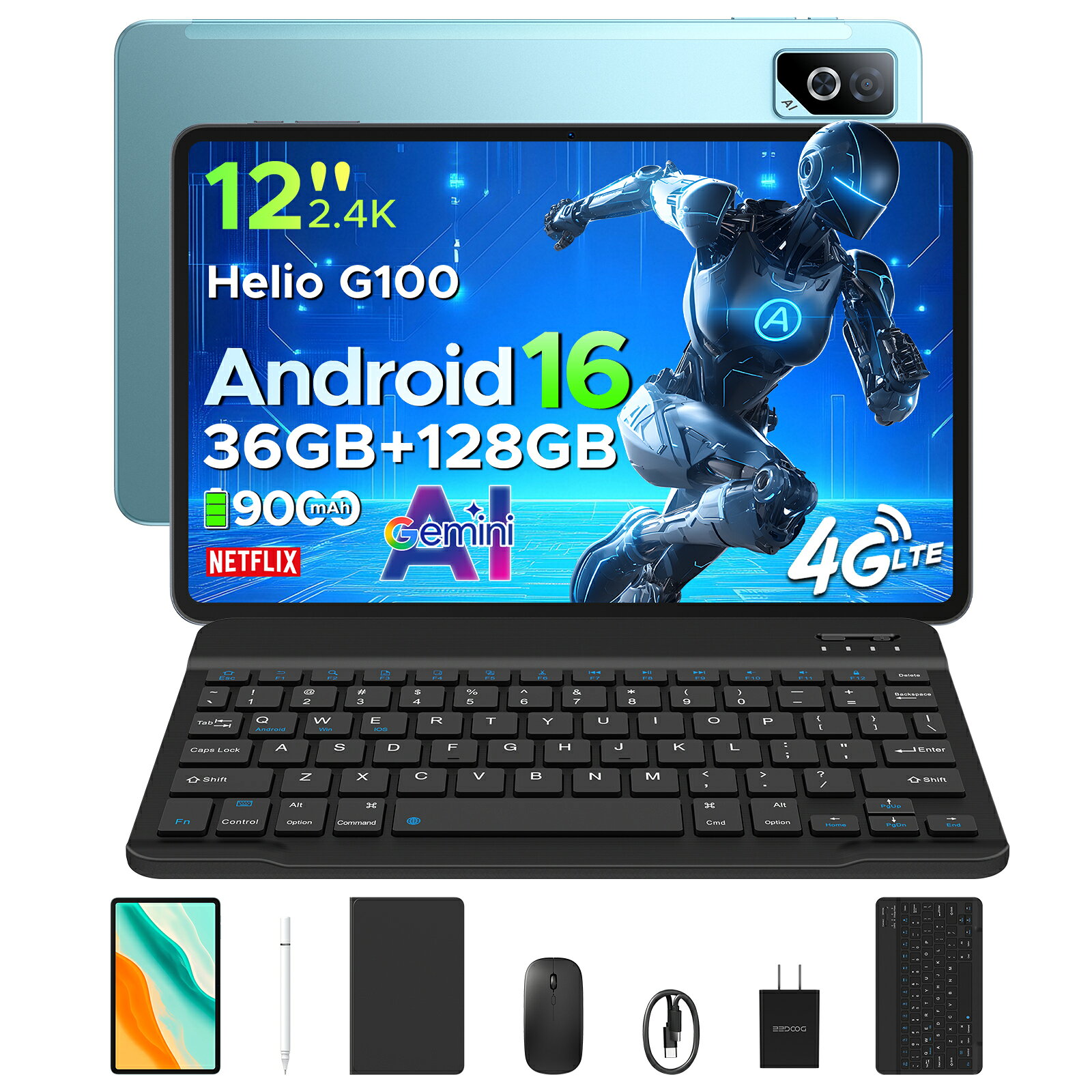 【限定9000円オフ Android 16 大画面タブレット】DOOGEE TABG6PROセット版 SIMフリー Android16 12インチ タブレット 2K 90Hzディスプレイ 36GB RAM+128GB ROM 9000mAh 大容量バッテリー 8コア G100高性能CPU 5G WI-FIモデル&amp;4G LTE 顔認証 ケース&amp;キーボード付き タブレット