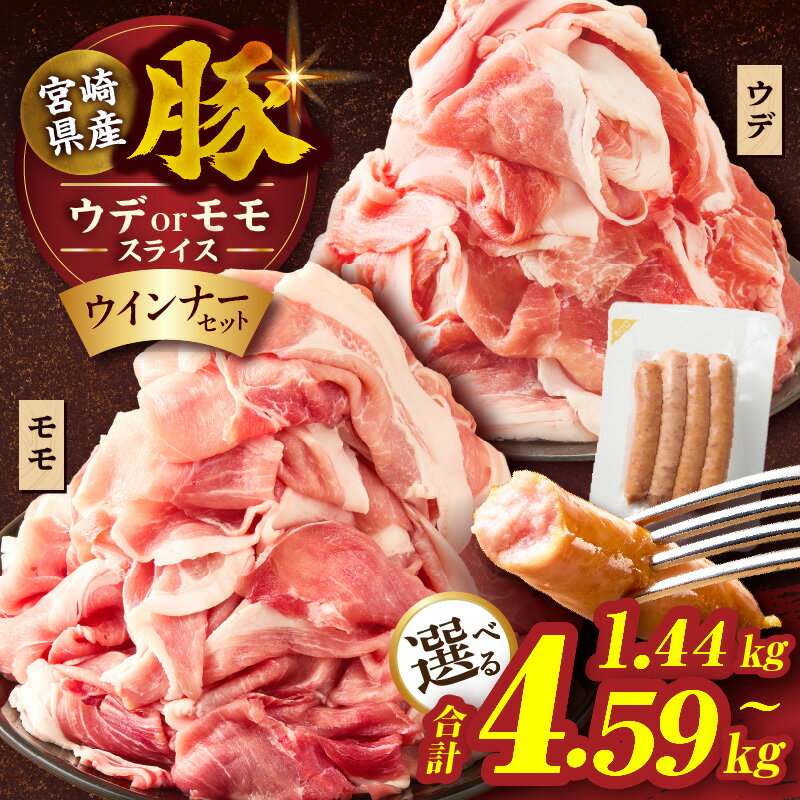 【ふるさと納税】訳あり 【内容量・発送月が選べる】 宮崎県産 豚 スライス (ウデ・モモ) ＆ 粗挽きウインナー セット 合計1.44kg 合計2.34kg 合計4.59kg 肉 豚肉 赤身肉 小分け 詰め合わせ 焼肉 BBQ 国産 人気 おすすめ ギフト 贈り物 贈答 冷凍 ミヤチク 都農町 送料無料