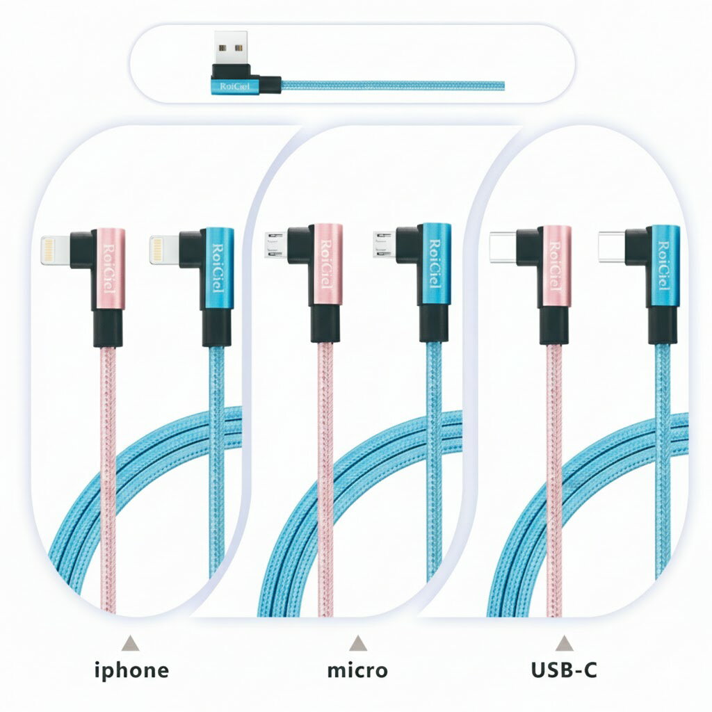 RoiCiel L字型 充電ケーブル 急速充電 データ転送 Lightning USB-C Micro 3種類端子選択 USB ライトニングケーブル Type-Cケーブル マイクロケーブル USB スマホ タブレット iPhone iPad Android Xperia Galaxy アイフォン タイプC ナイロン編み 高耐久 断線防止 1.2m 2m