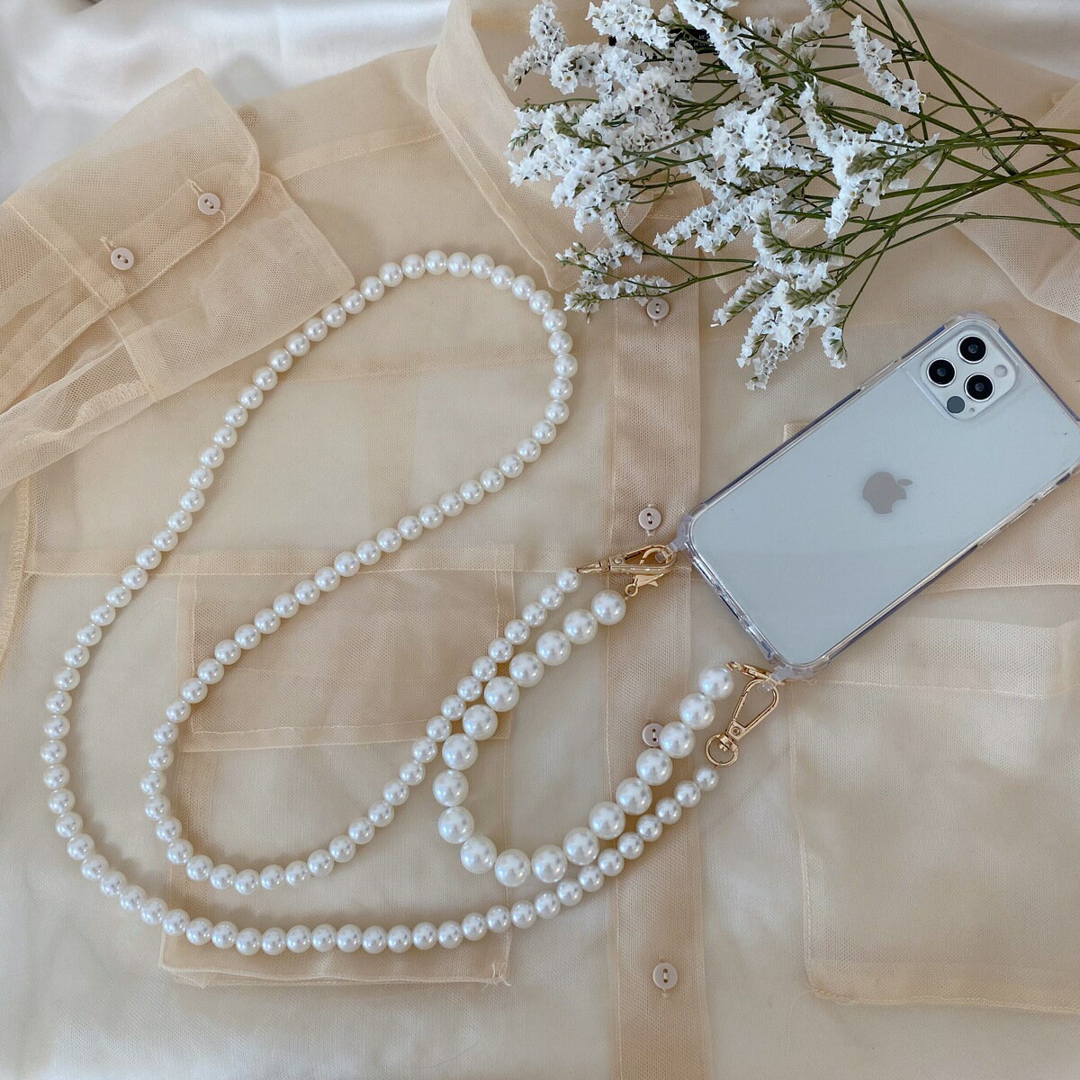 {50％OFFスーパーセール限定}【優良ショップ★ 連続4冠獲得】 iPhoneパールストラップ　スマホショルダー ショルダーストラップ　ストラップホルダー付き　スマホストラップ　パールショルダーストラップiPhone全機種
