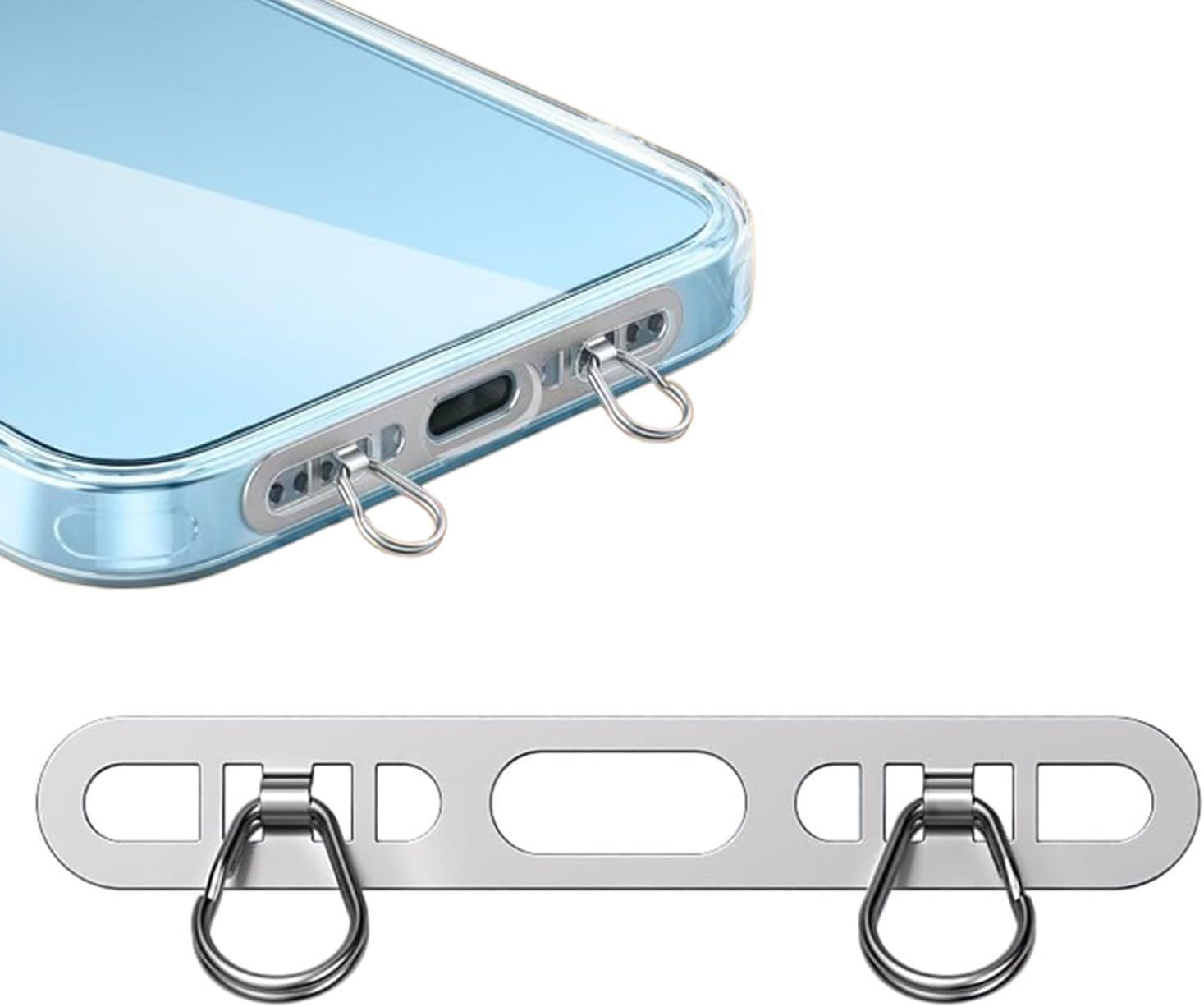 送料無料 スマホ ストラップホルダー 【極薄0.4mm・2口 ダブルリング・ステンレス製】金属製タグパッチ 携帯ストラップホルダー 薄型 丈夫10kgまでの荷重量 スマホケースに挟む iPhone 対応 充電影響なし 落下紛失防止 シルバー 簡単装着