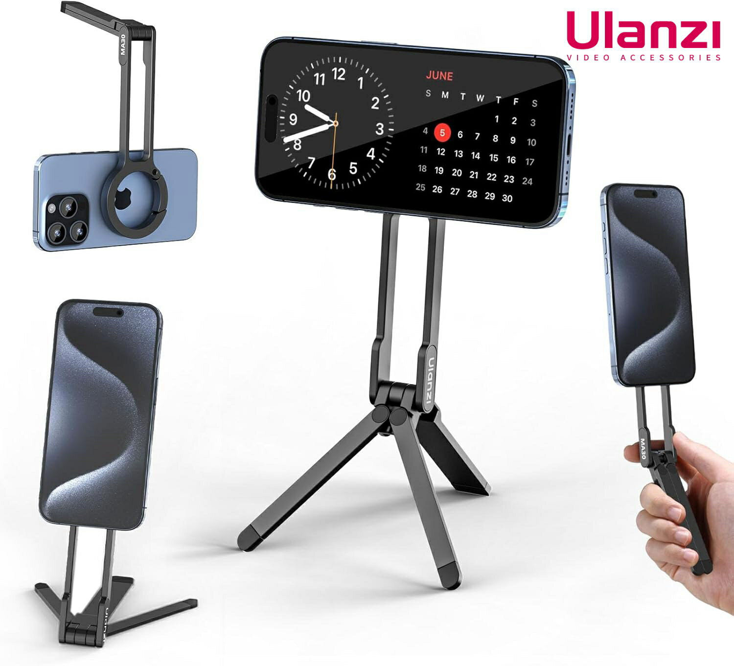 Ulanzi MA30 スマホ三脚 ミニ三脚 全金属製 黒 赤 シルバー magsafeに対応 折りたたみ式 持ち運び便利 スタンド＆手持ちモード 360度回転 自撮り棒 スマホスタンド 携帯スタンド 軽量 角度調整可能 横置き/縦置き 卓上三脚 セルフィー MA-30