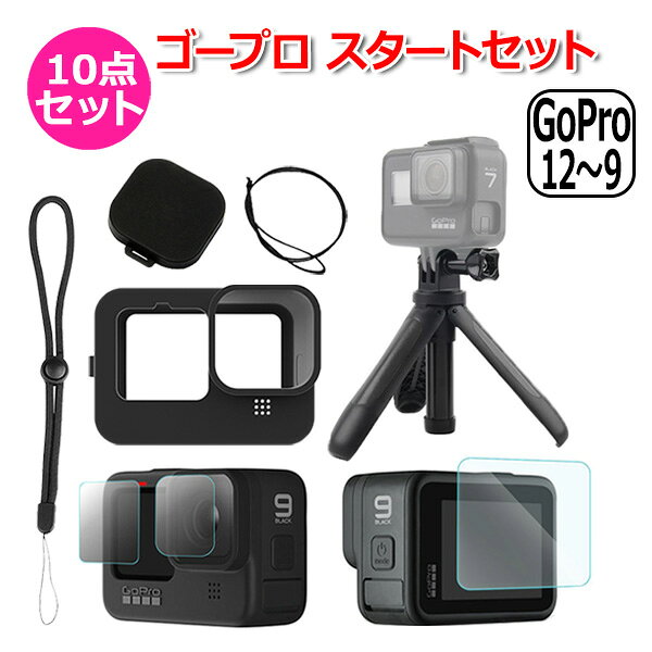 【楽天1位獲得】【送料無料】GoPro ゴープロ 12 11 10 9 用 アクセサリー スタート 10点 セット フィルム ハンドグリップ シリコン キャップ ケース アクションカメラ ウェアラブルカメラ 強化フィルム ショーティ グリップ 三脚 セルカ ハウジング ストラップ レン