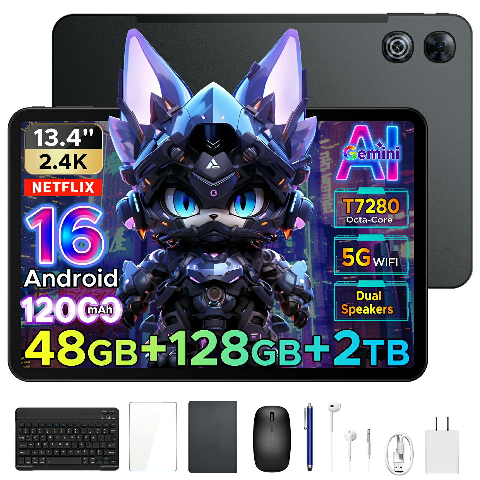 【期間限定50%OFF 6部品付属&amp;レビューで特典】Aorlym P13 タブレット13.4インチ 大画面タブレット Android16 GeminiAI 48GB RAM 128GB ROM 2TB拡張120Hz IPS Widevine L1顔認証 12000mAh大容量バッテリー WiFiモデル キーボード付き タブレットPCケース付き