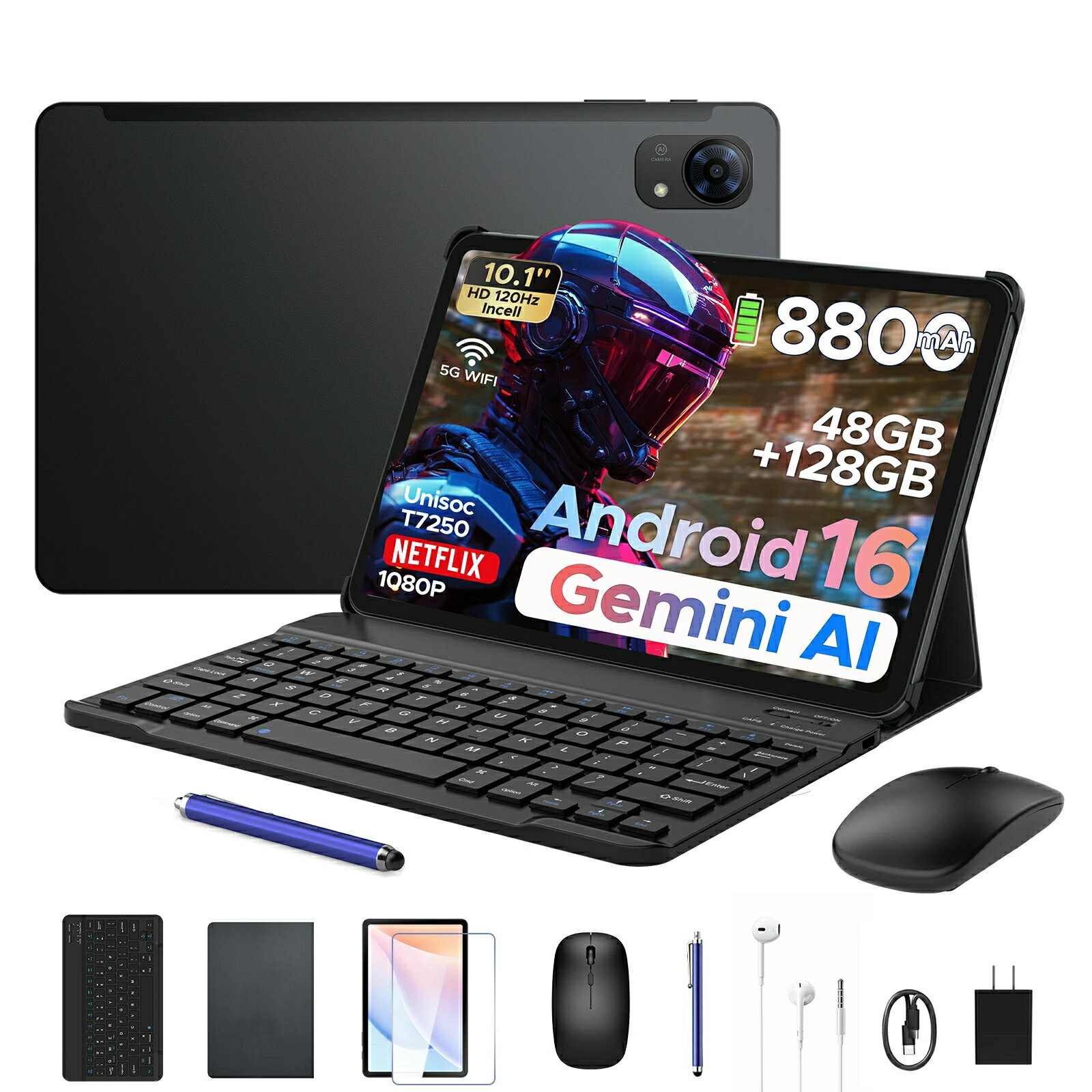 【期間限定50%OFF 2026最新 6部品付属&amp;レビューで特典】Aorlym P10PRO Android 16 10インチ タブレット Gemini AI機能 120Hzリフレッシュレート48GB RAM+128GB ROM+2TB拡張可8コアCPU 8800mAh大容量バッテリー Widevine L1 NETFLIX対応 顔認証GPS機能WPS内蔵ケース付きキ