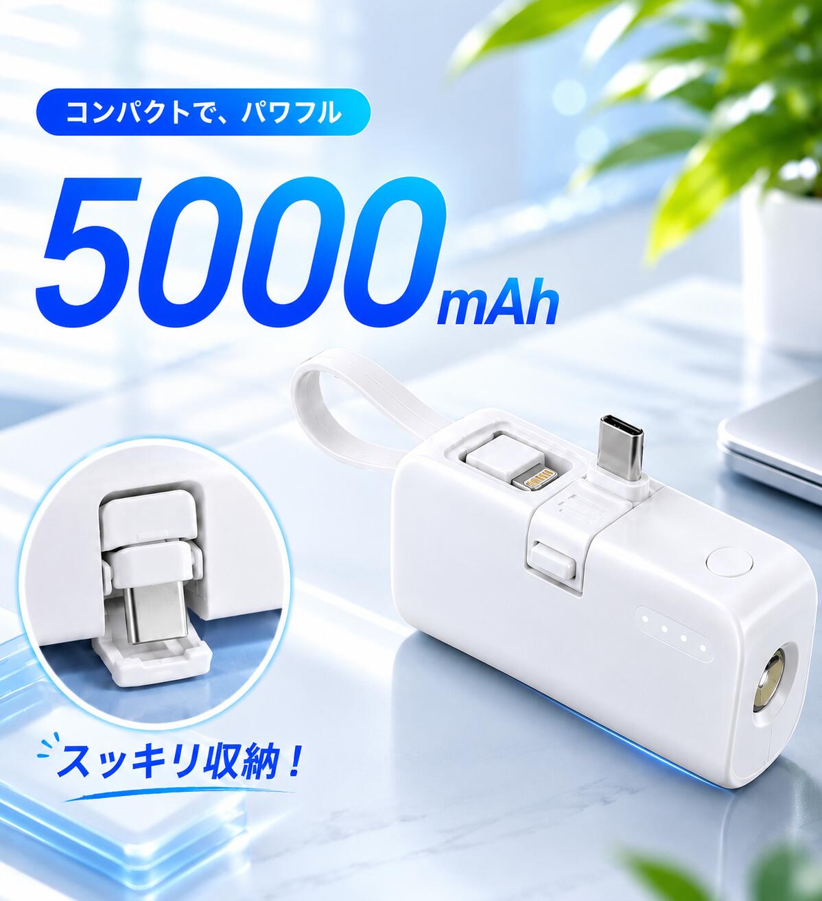 【楽夏クーポン利用で1,480円】 モバイルバッテリー 5000mAh 小型 軽量 Type-C Lightning コネクタ内蔵 ケーブル不要 2台同時充電 スタンド機能 LEDライト付き PSE認証済 機内持ち込み可能 コンパクト 急速充電 持ち運び便利 耐衝撃 SOS アウトドア 送料無料