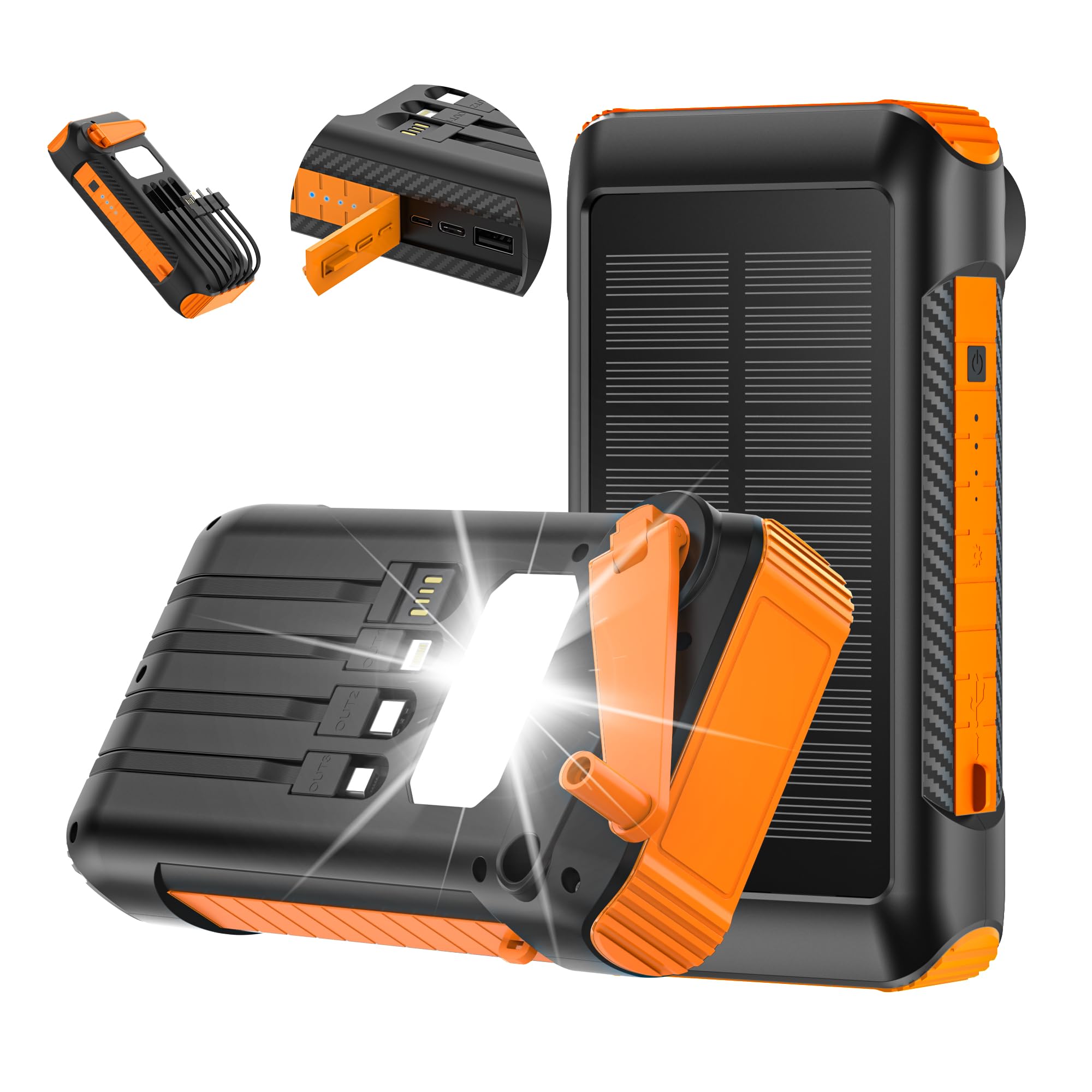 モバイルバッテリー ソーラー 大容量 急速充電 【40800mAh &amp; 手回し充電 &amp; 防災士監修】 5台同時充電 4本ケーブル内蔵 ソーラーチャージャー SCP22.5W&amp;PD22.5W IPX7防水 LEDライト スマホ充電器 LEDライト付き 急停電対策 SOSモード 防災グッズ 防塵 耐衝撃 PSE認証済
