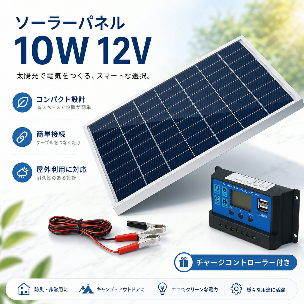 ソーラーパネル 10W 単結晶シリコン 太陽光発電 ソーラーチャージャ 防水 耐候性 車中泊 キャンプ アウトドア 防災 緊急 ポータブル 軽量 折りたたみ スマホ充電 バッテリー充電 LED照明 電源確保 簡単設置 耐衝撃 アウトドアギア 非常用