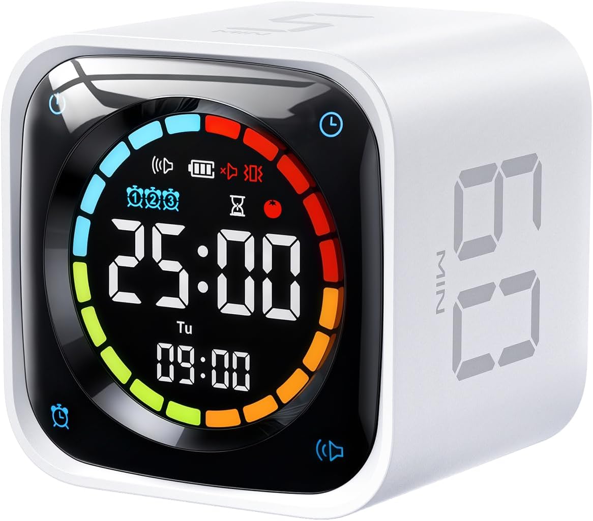 「新登場・TickTimer・1台多役！待望の時計機能+アラーム機能も追加！」キューブタイマー ポモドーロタイマー ミニPC外観 ダイヤル式操作 磁石吸着充電ベース 3段音量調整/静音モード/振動モード 一時停止 Type-C充電 大容量バッテリー1400mAh（充電ベース付属なし）