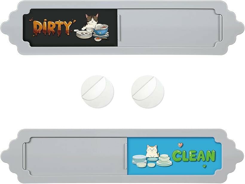 食器洗い機用マグネット 2枚入り Clean Dirty スライド式 サインプレート キッチン 冷蔵庫用 テープ付き (ライトグレー, 約18x4cm)