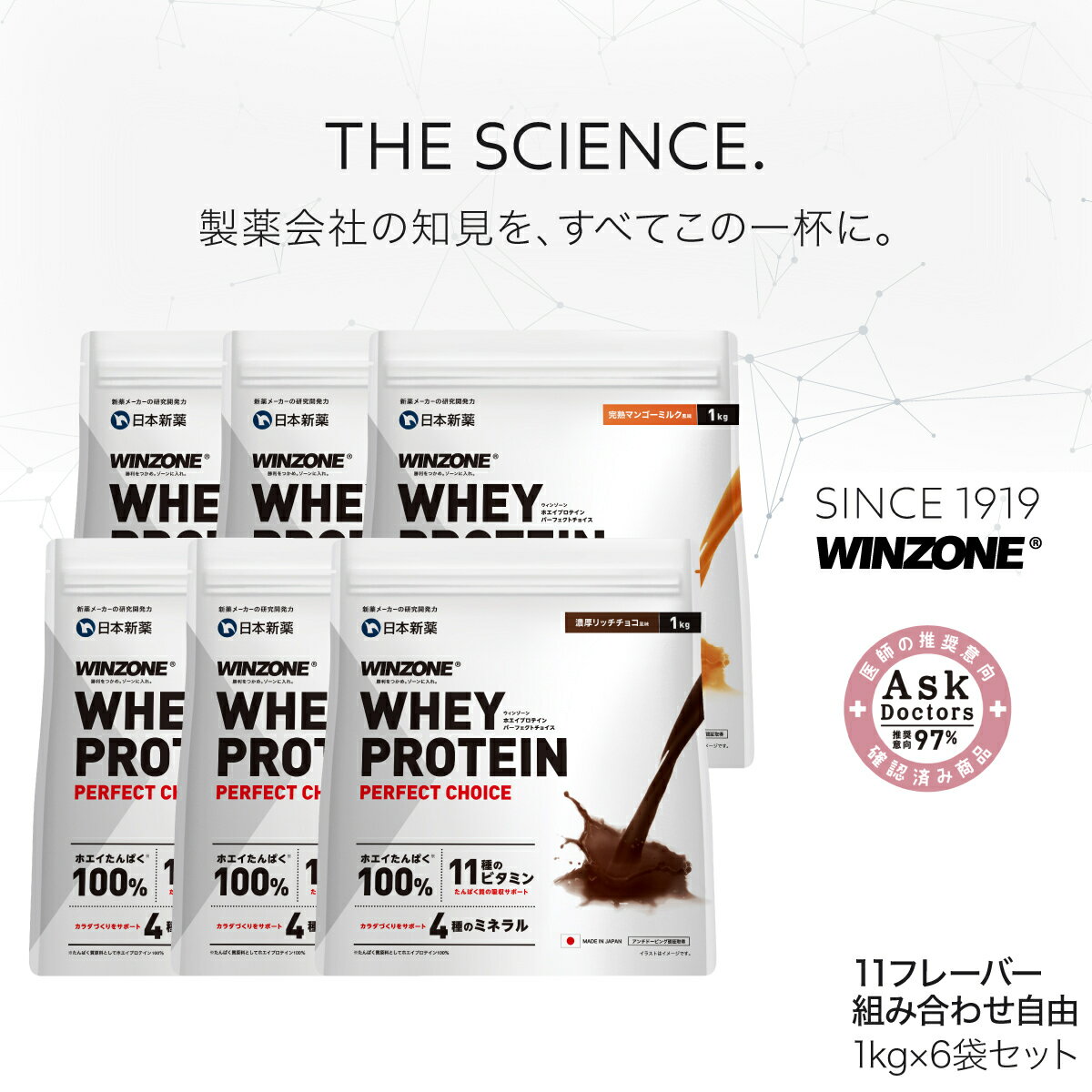 【選べる6袋セット】 ウィンゾーン ホエイプロテイン パーフェクトチョイス 6kg (1kg×6個 ) プロテイン まとめ買い 味が選べる6袋 日本新薬 タンパク質 BCAA EAA ビタミン ミネラル WINZONE シェイカーなし 男女兼用