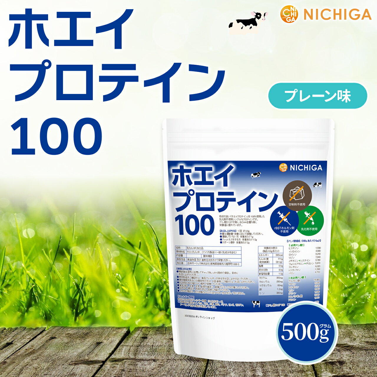 ホエイプロテイン100 プレーン味 500g【送料無料】【メール便で郵便ポストにお届け】【代引不可】【時間指定不可】乳化剤不使用 rBST (牛成長ホルモン剤不使用) WPC [01] NICHIGA(ニチガ)