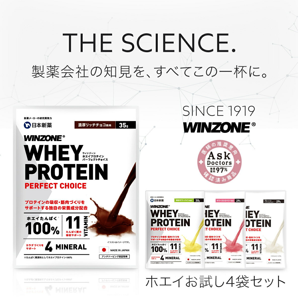 【1000円ポッキリ】 ホエイプロテインお試し4袋 プロテイン ホエイプロテイン ウィンゾーン パーフェクトチョイス 日本新薬 WPC タンパク質 BCAA EAA ビタミン ミネラル WINZONE お試し 1回分 パウチ 持ち運び 1000ポキ 男性 女性 男女兼用 筋トレ 置き換え ダイエット 美容