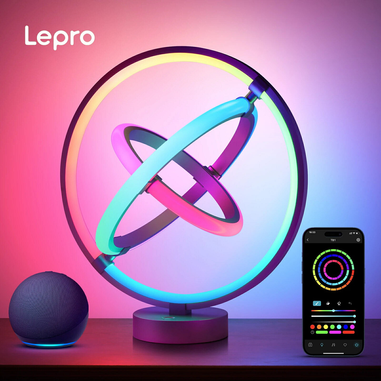 【15％OFFクーポン配布中】Lepro TB1 AI テーブルランプテーブルライト led AI照明デザイナースマートライトナイトライトベッドサイドランプ【RGB Alexa/1600万色/音声対応/音楽同期/BlueTooth&amp;WiFi】デスクライト調色調光虹色おしゃれギフト(惑星タイプ)
