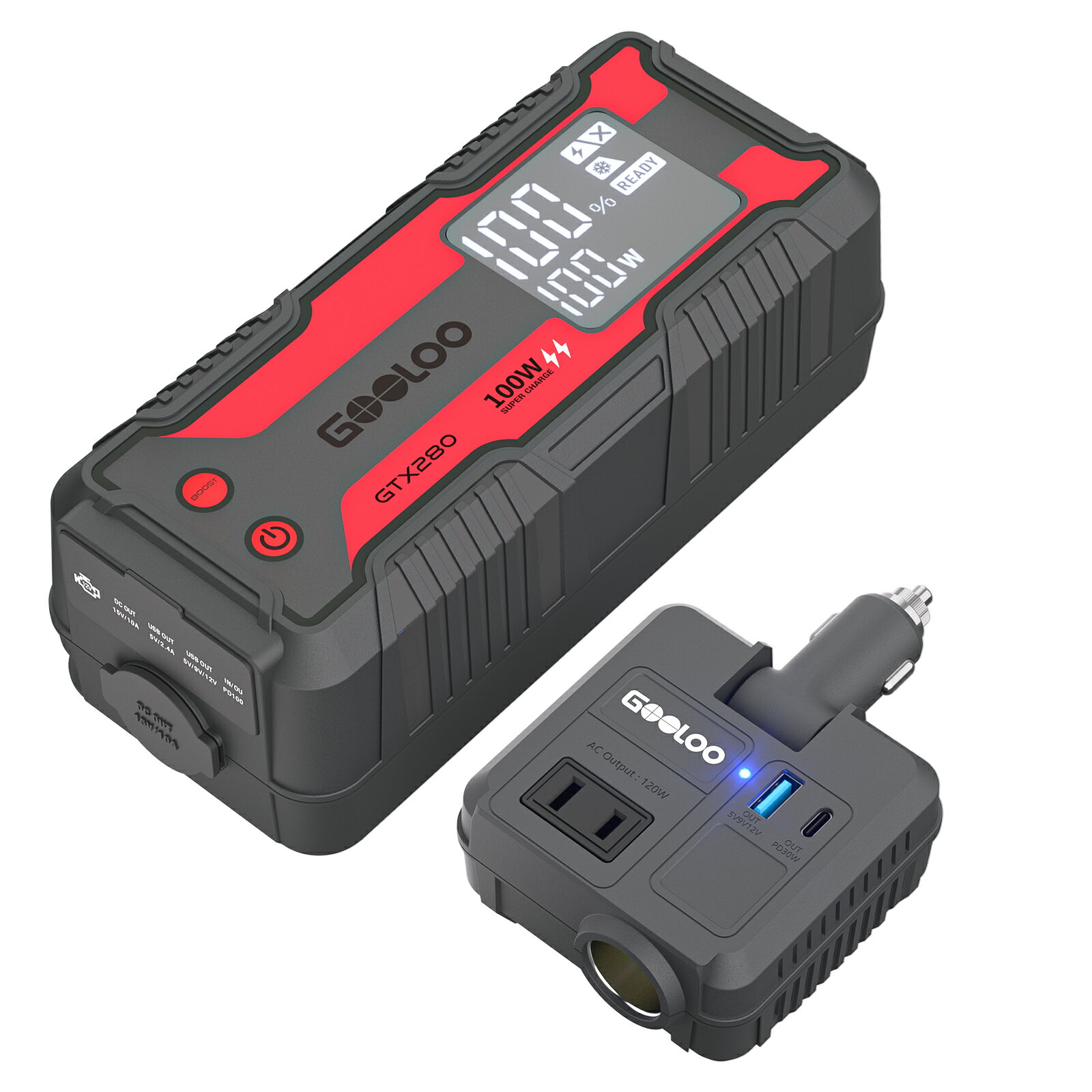GOOLOO GTX280 ポータブル電源 280Wh12Vジャンプスターター 77000mAh大容量 3000Aピーク電流 (最大9.0Lガソリン車・7.0Lディーゼル車対応)車用エンジンスターター 車緊急始動 モバイルバッテリー機能 LEDライト搭載
