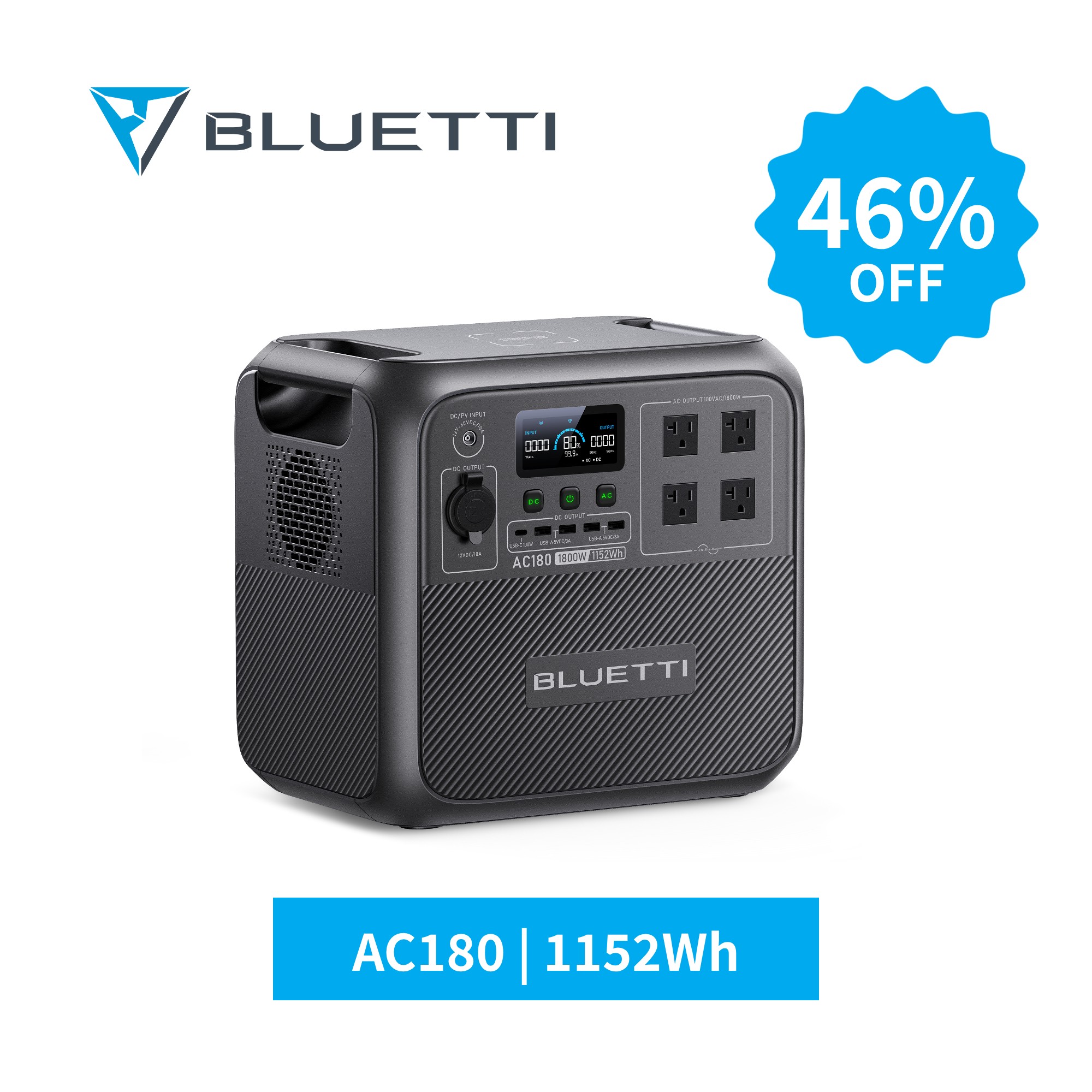 【在庫一掃 クーポン利用で59,292円】BLUETTI ポータブル電源 AC180 1152Wh 1800W/AC180 セット 60分満充電 大容量 家庭用 蓄電池 5年保証 リン酸鉄 長寿命 バックアップ電源（サージ2700W） UPS APP 遠隔操作 防災グッズ 停電 台風 非常用電源 車中泊