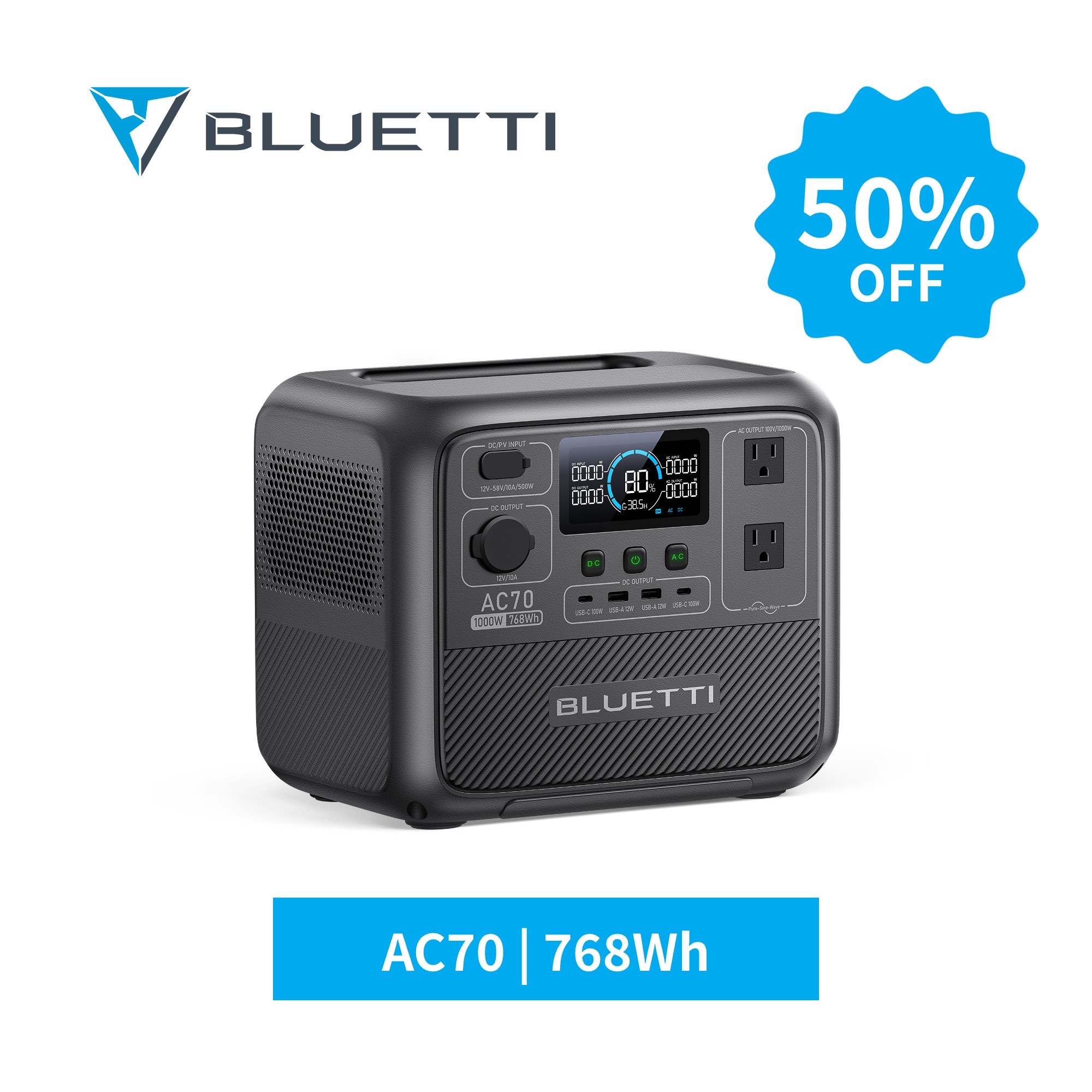 【在庫一掃 クーポン利用で44,000円】BLUETTI ポータブル電源 AC70 768Wh/1000W 大容量 家庭用 蓄電池 5年保証 リン酸鉄 長寿命 バックアップ電源 (サージ2000W) UPS機能 アプリ遠隔操作 発電機 アウトドア キャンプ 車中泊 お釣り 防災 停電 台風 節電対策
