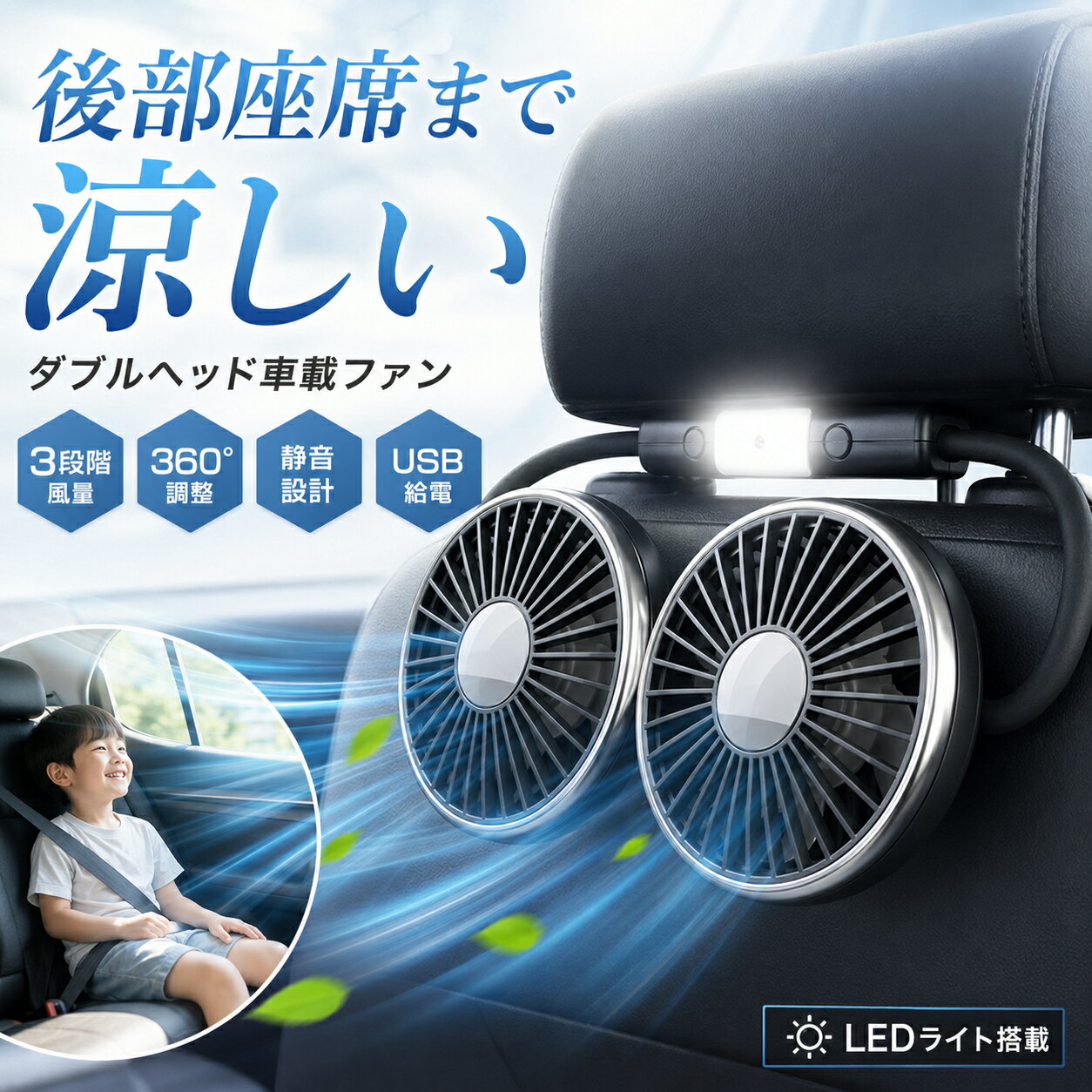 【クーポンで500OFF】車 扇風機 サーキュレーター 車載扇風機 後部座席 ツインファン ヘッドレスト クリップ 強風力 クーラー USB給電 LEDライト 360°角調整 低騒音 車用シートファン 車内扇風機 強力 3階段風量 ファン 熱中症対策 暑さ対策 DOPTGHFY