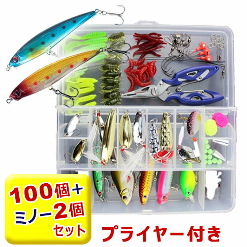 ルアー セット 初心者 送料無料 ルアー ワーム 100個セット プラス ミノー 2個セット プライヤー付 バスフィッシング クリアケース付き ルアー セット ルアー シーバス 釣具 バス セット ルアーセット ギフト 釣り