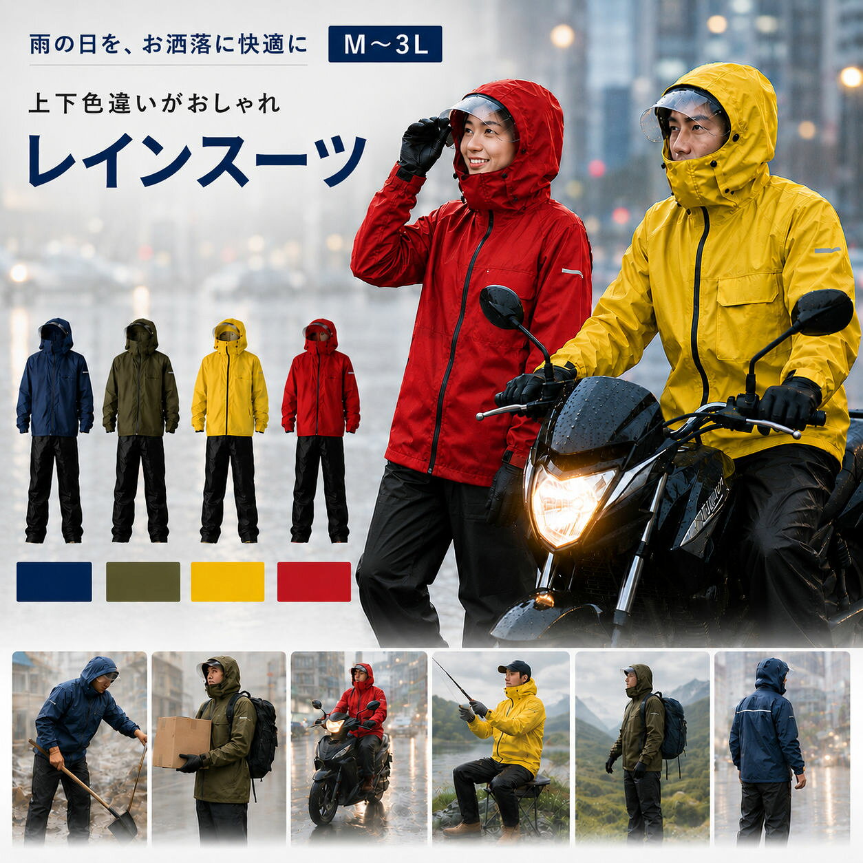 レインスーツ レインウェア メンズ レディース 上下セット イーグルクロス #3674 防水 透湿 バイク 自転車 通勤 通学 アウトドア キャンプ 登山 釣り フェス 雨具 カッパ おしゃれ 止水ファスナー 裏メッシュ