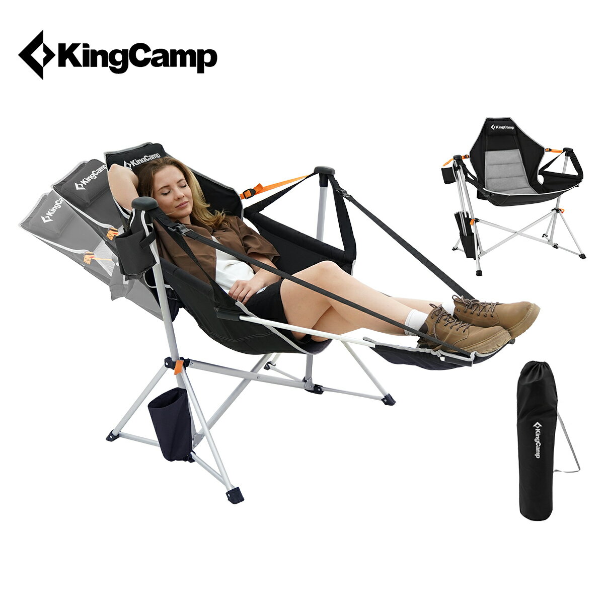 【10%OFFクーポン】KingCamp ハンモックチェア 自立式 ゆらゆら アウトドアチェア ロッキングチェア フットレスト付き リクライニング可能 耐荷重250kg 超快適 組み立て簡単 折り畳み椅子 アルミ合金製 収納袋付き 室内外兼用