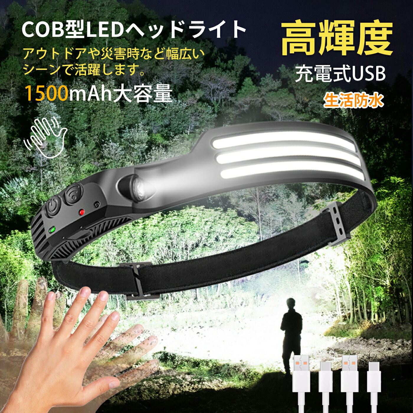 《37％OFFクーポン》【今すぐ使える！店内全品45％OFFクーポン】ヘッドライト 充電式 LED ヘッドライト USB type-c 充電式 230° 2000mah大容量 人感センサー機能 ヘッドランプ ヘルメット ライト 1000ルーメン 高輝度 夜釣り ライト 軽量 防水 停電 防災 登山