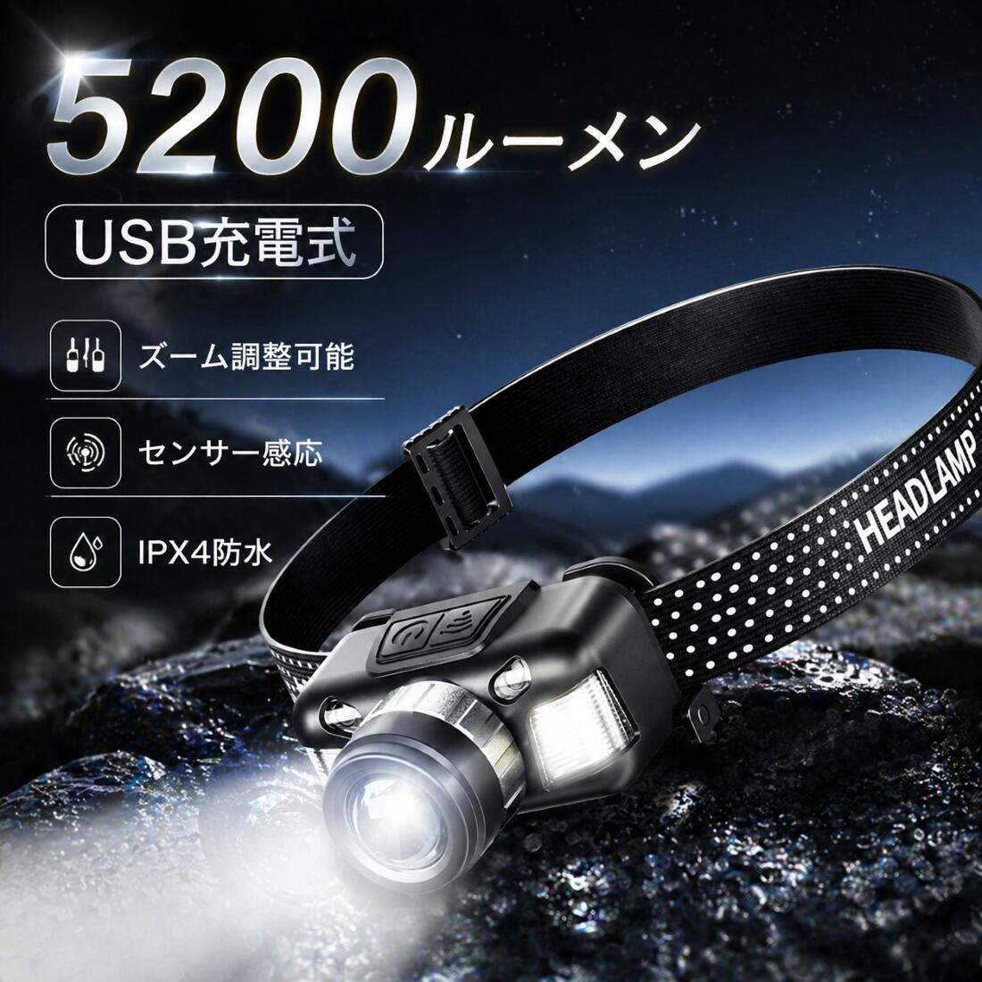 ヘッドライト LEDヘッドランプ LED 充電式 四つモード ズーム機能 センサー感応 30°角度調整 IPX4防水防塵 ヘルメットライト 防水ヘッドライト 強い明るさ 防滑 軽量 作業灯 懐中電灯 登山 キャンプ ナイトフィッシング 野外 屋外活動