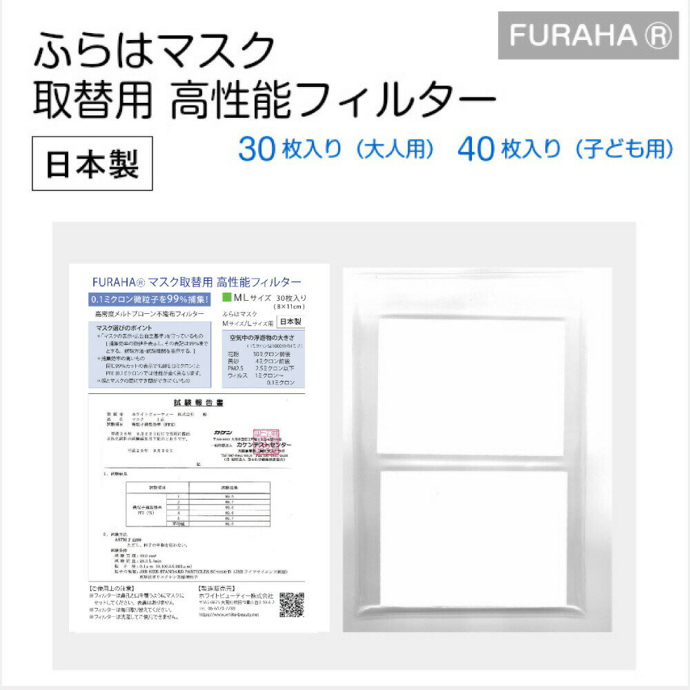 【ポイント5倍】マスクフィルター（30枚入り・40枚入り） 日本製 マスクシート 不織布 フィルター 布マスク用 FURAHA ふらは マスク フィルター 飛沫防止 ウィルス対策 PM2.5対策マスク 0.1ミクロン捕集 高機能マスクフィルタ ホワイトビューティー