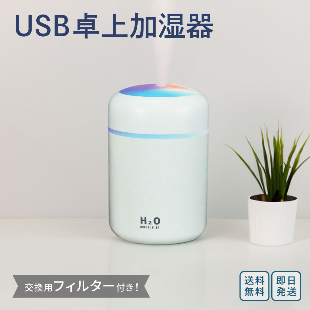 小型 加湿器 卓上 静音 USB給電式 ｜ 除菌 アロマ 7色 LEDランプ 大容量 250ml 持ち運び便利 空焚き防止