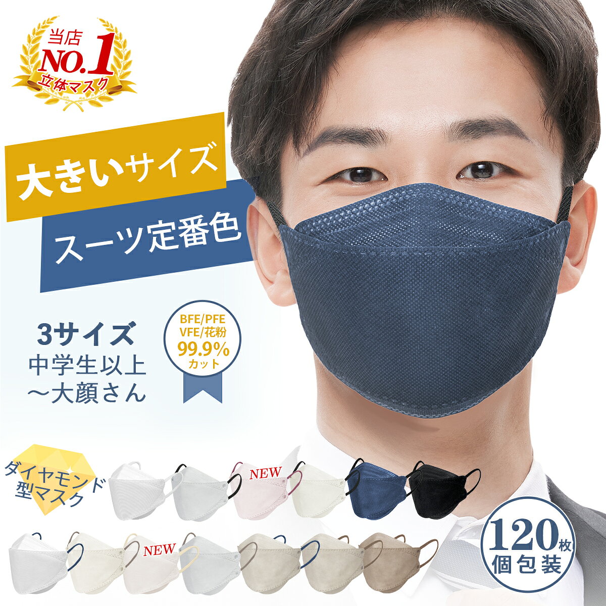 ＼お得な大容量120枚／マスク 不織布 大きめ/小さめ 立体 マスク 大きいサイズ 3Dマスク メンズ 子供用 女性用 バイカラーマスク 個包装 使い捨てマスク 息しやすい 平ゴム 耳痛くならない 4層構造 冬 白 飛沫防止 PM2.5/ウイルス/風邪 花粉対策 抗菌通気 超快適防護