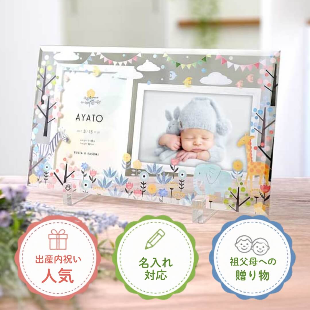 《セット割》 出産内祝い 名入れ ベビーフォトフレーム 出産記念品 アニマル 花 フラワー 写真立て 命名書 名前札 命名札 ベビーフォトフレーム 孫誕生記念 出産メモリアルギフト 誕生記念品 お宮参り お食い初め ／ 「命名書ベビーガラスフォトフレーム《2ポケット》」