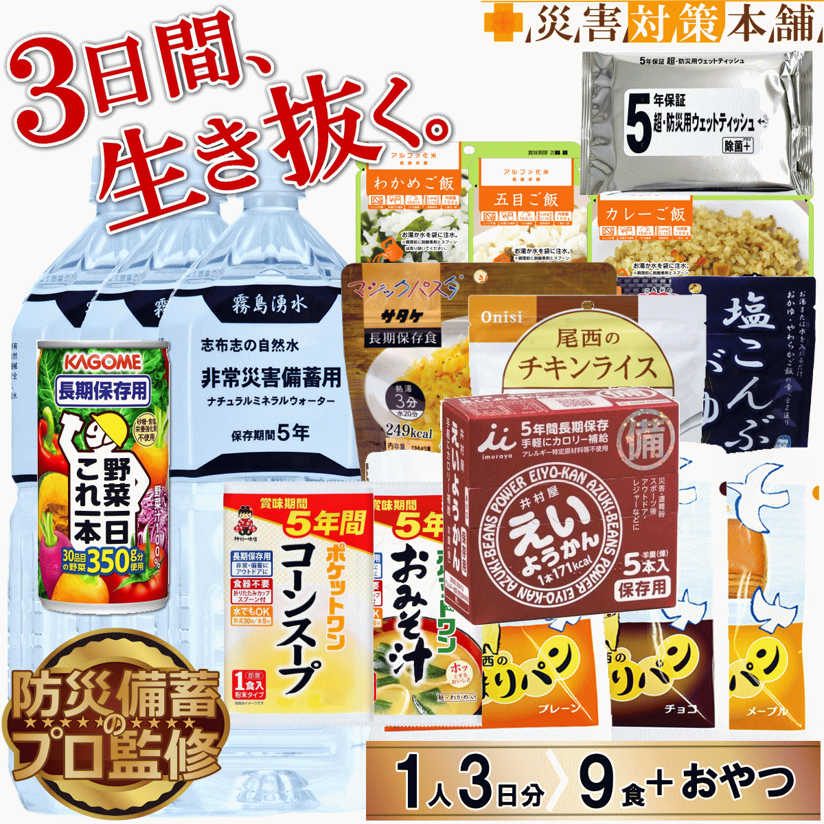 バラエティセット10 防災士監修 1人用 3日分 非常食 防災食 防災食 保存食セット5年保存 備蓄 アルファ米 パン パスタ 保存水 野菜ジュース みそ汁 スープ 菓子 在宅避難 帰宅困難 家族 法人 企業 自治会 ギフト 贈答 災害対策本舗 WFP寄付【リマインダーサービス対象】