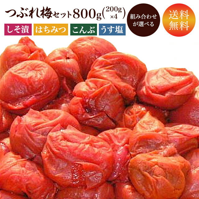 訳あり 梅干し 【送料無料】 つぶれ梅 200g×4個=800gうす塩 無添加しそ漬 はちみつ こんぶ セット商品 食べ比べ ご飯のお供 国産 わけあり バニリン お取り寄せ グルメ