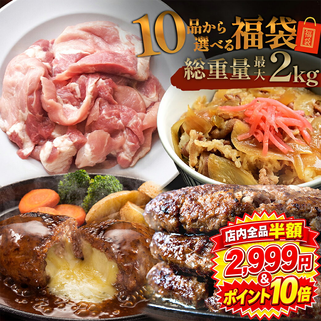 ＼期間限定 半額 &amp;ポイント10倍 5,998円→2,999円／ 【 最大 2kg10品から選べる 】 福袋 ハンバーグ 確定 福袋 訳あり 肉 食品 はしっこ豚 牛丼 豚肉 はしっこ 焼肉 チーズインハンバーグ おつまみ 選べる福袋 冷凍食品 冷凍 時短 惣菜 0617 父の日 お中元 御中