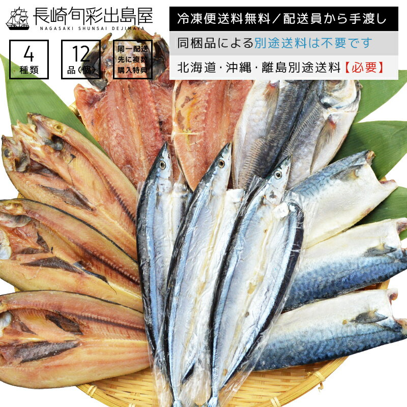 【冷凍便送料無料】【訳あり】創業40年以上 魚種おまかせ干物セット 4種12品 同一配送先に2セット以上で特典付き 北海道・沖縄・離島のみ別途送料必要 一夜干し 塩干し 味醂干し アウトレット 規格外 干し物 干し魚 詰め合わせ セット