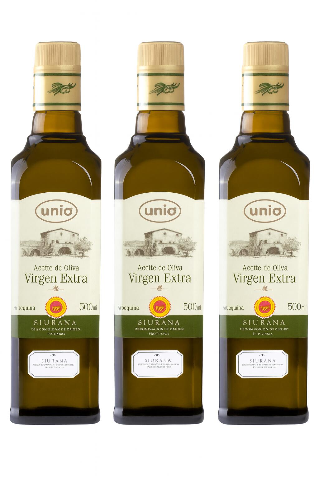 UNIOウニオ コールドプレス 酸度0.1-0.3％ スペイン産アルベキーナ種エクストラバージンオリーブオイル(500ml) 原産地呼称DOPシウラナ 国際コンペ金賞 フルーティーで香り豊か 3本セット【楽ギフ_包装】【楽ギフ_のし】【楽ギフ_のし宛書】