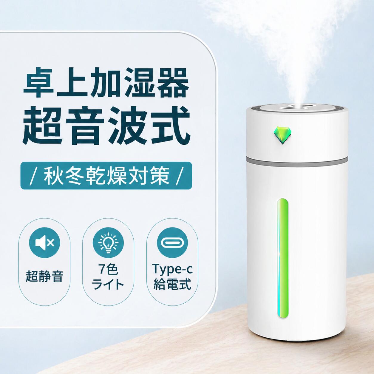 加湿器 卓上 超音波 ミニ加湿器 給電式 小型加湿機 ダブル噴霧口 7色LEDライト 超静音 空焚き防止 水漏れ防止 静音 省エネ 花粉対策に 保湿 乾燥対策 持ち運び便利 2段階ミスト調節 ナイトライト オフィス 部屋 携帯加湿器