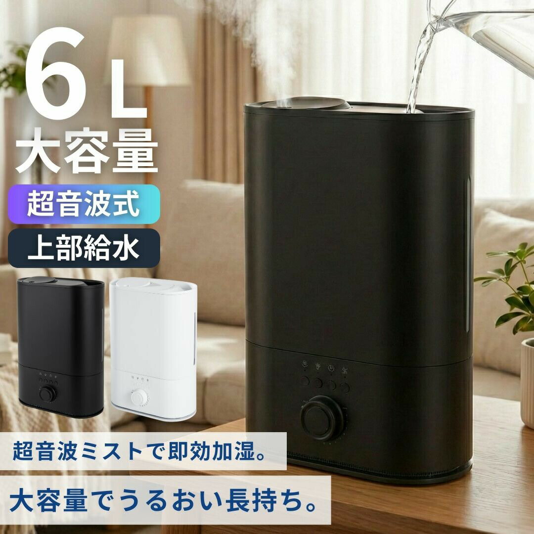 加湿器 超音波加湿器 無段階ミスト 大容量 6L 上部給水 乾燥対策 タイマー設定 空焚き防止 お手入れ簡単 洗える リビング 寝室 オフィス 家庭用 卓上 2Way給水