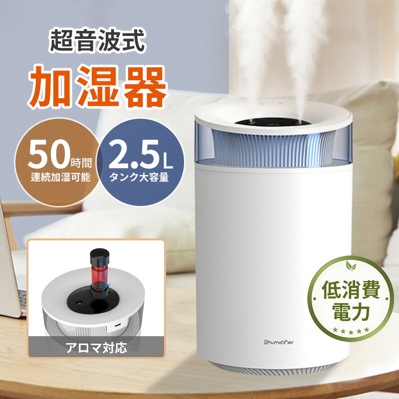 加湿器 卓上 大容量 2.5L 超音波式 おしゃれ 加湿器 スチーム式 空気清浄機 4段階調節 卓上加湿器 オフィス 湿度設定 空焚き防止 7色にグラデーションするLEDライト アロマ対応 切タイマー設定 自動停止機能 静音 節電 省エネ エコ 軽量 新生活