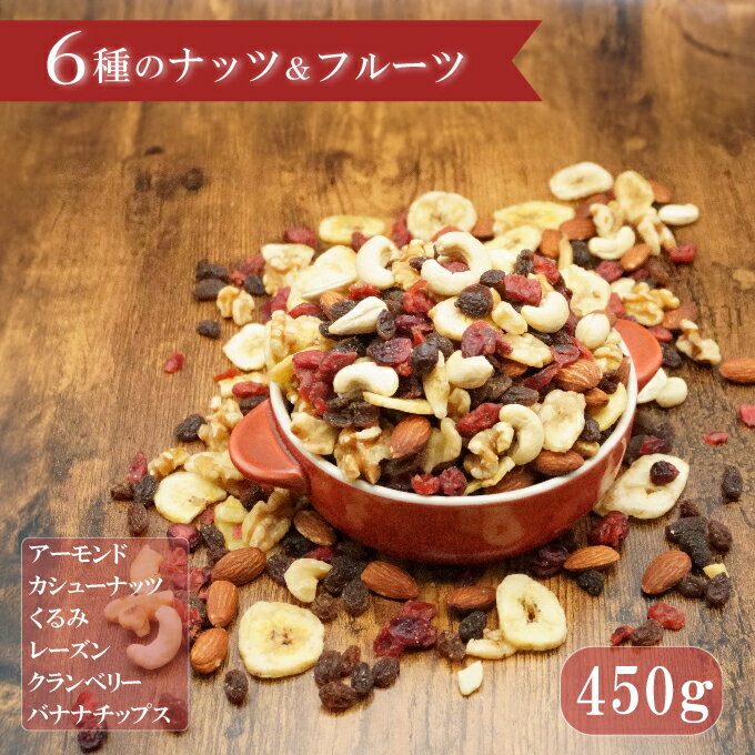 ナッツ＆ドライフルーツ ミックス 6種 450g 中国産不使用 素焼き 無添加　6種のナッツ＆ドライフルーツ ミックス 健康 美容 おつまみ 小分け グルメ 無塩 ミックス 素焼き 防災食品 非常食 保存食 常備食 ナッツミックス ドライフルーツミックス