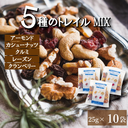 ナッツミックス ドライフルーツ ミックス ナッツ ギフト ミックスナッツ 無塩 ナッツ 小分け 無添加 素焼き ミックス 豪華5種 無添加 トレイルミックス 250g (25gx10袋) 個包装 アーモンド カシューナッツ クルミ レーズン クランベリー ゆうパケット 国内工場生産 保存食