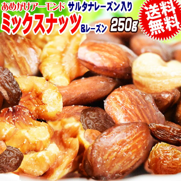 【8月17日以降の発送予定】 ミックスナッツ＆レーズン 250g 4種トレイルミックス あめがけアーモンド 生 くるみ 少しの ロースト カシューナッツ サルタナレーズン メール便限定 送料無料