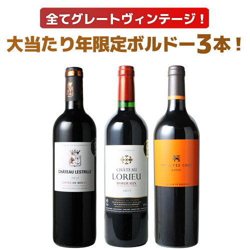 【送料無料】ワインセット 2015年 ボルドー 当り年 3本セット 父の日 ギフト プレゼント 赤ワイン ビッグ・ヴィンテージ ソムリエ厳選 御祝 誕生日 送別 記念日 第100弾【Pup】