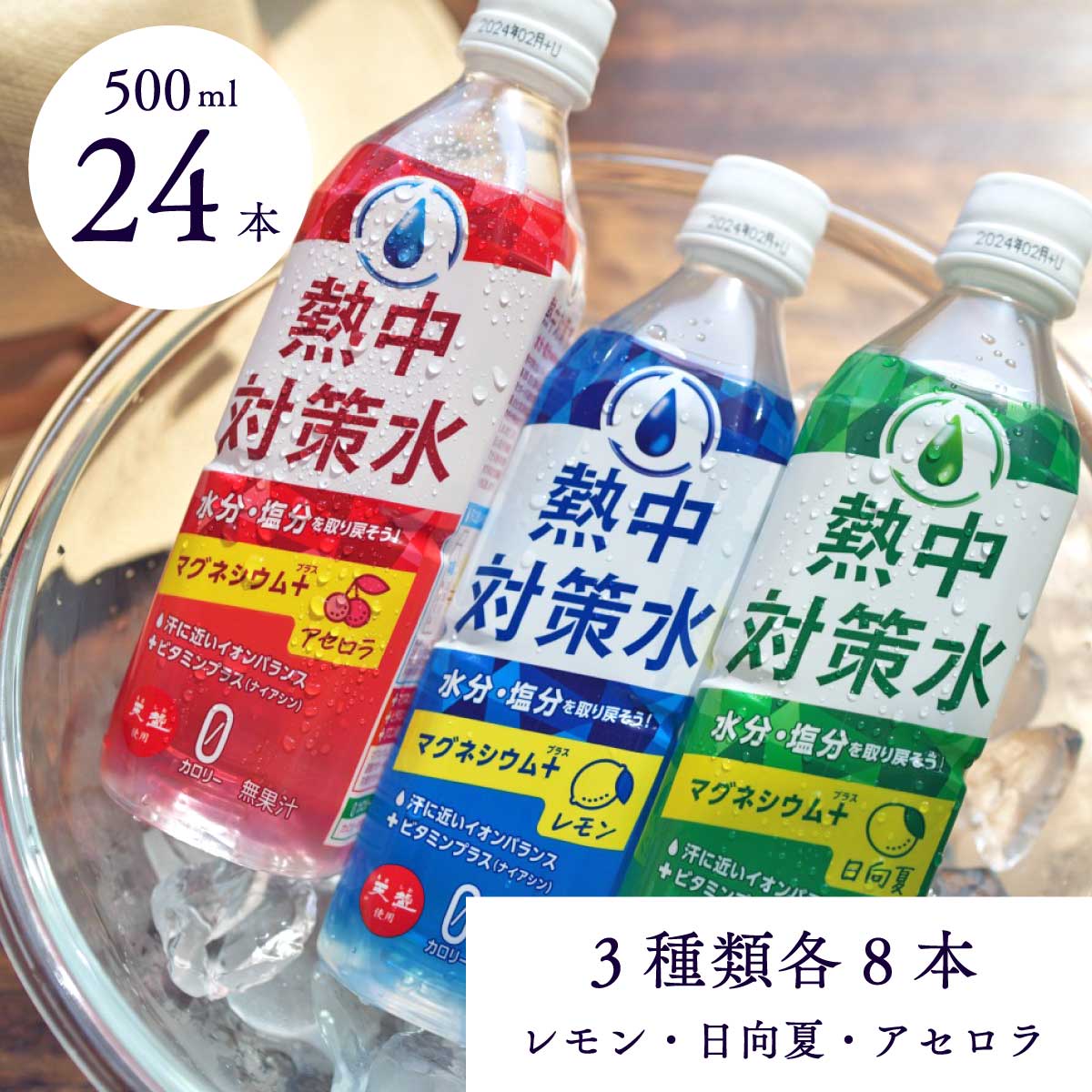 熱中対策水 24本 500ml 3種飲み比べ お試しセット レモン 日向夏 アセロラ 赤穂化成 天塩 スポーツドリンク 塩分補給 水分補給 ミネラル補給 小学生 中学生 高校生 高齢者 法人 企業 オフィス イベント スポーツ大会 学校 自治体