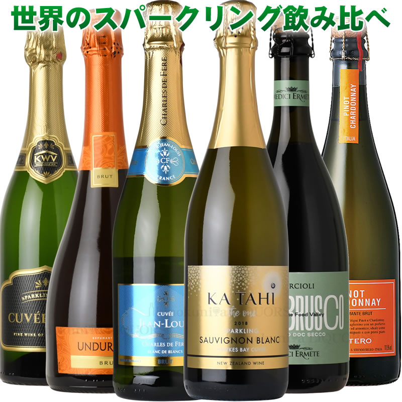世界の泡 スパークリングワインを飲み比べ6本セット ◯oo第21弾oo◯【送料無料】フランス イタリア ニュージーランド 南アフリカ チリ から辛口5種と、ランブルスコ赤泡も。プレゼント お祝い 誕生日 父の日 母の日に