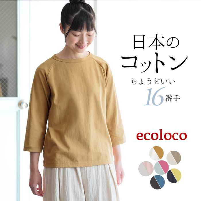 【メール便可】 日本製 綿100％ Tシャツ 七分袖 無地 レディース カットソー／ カジュアル シンプル ナチュラル ラグラン 16番手天竺コットン トップス エコロコ e+,／ 大きいサイズ 大きめ 春 秋 冬 26SS0213R, c1204,