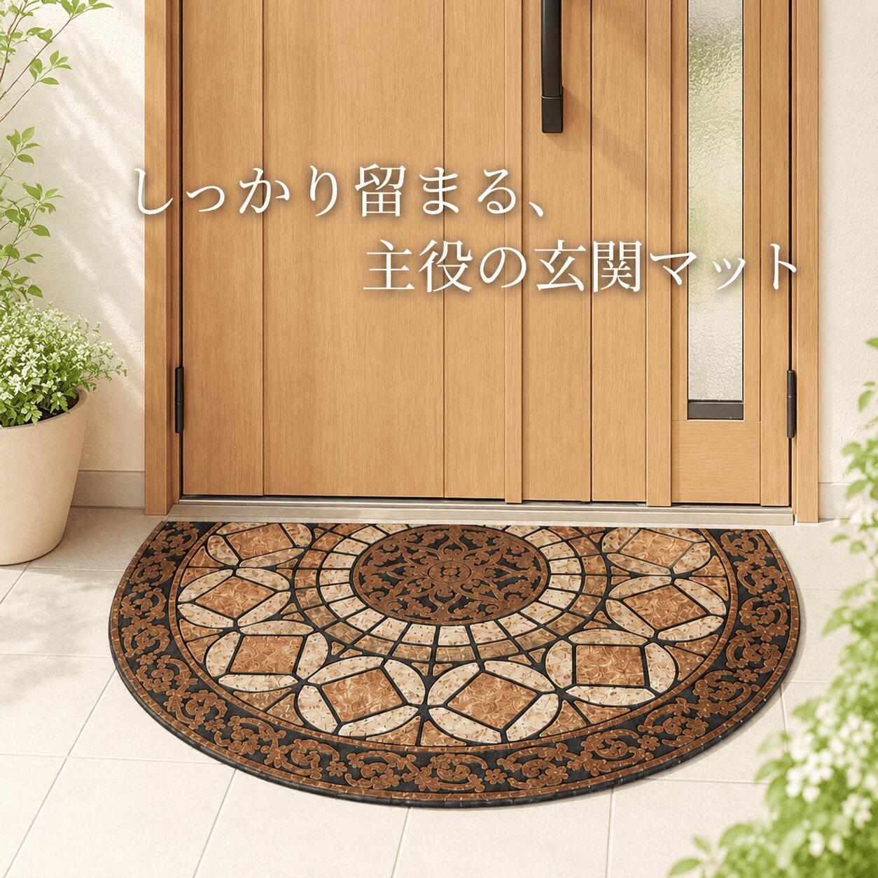 玄関マット 約W58x88cm おしゃれ 屋外 半円 エントランスマット 洗える 泥落としマット ゴム製 大判 ラバー 滑らない 重い ズレない 欧風 泥落とし H-2064