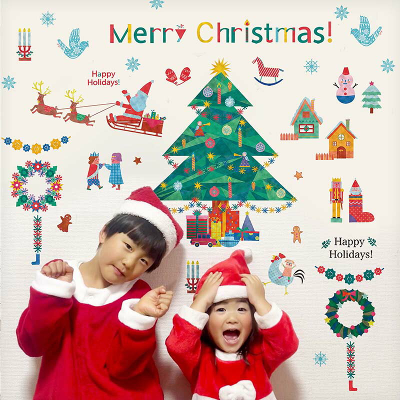 ウォールステッカー はがせる クリスマス 飾り 【ファンタジアクリスマス】 壁 シール ステッカー 壁紙 飾りつけ おしゃれ 大きい 靴下 屋内 玄関 窓 サンタ ツリー ライト リボン モール 北欧 大きなツリー オーナメント クリスマス装飾