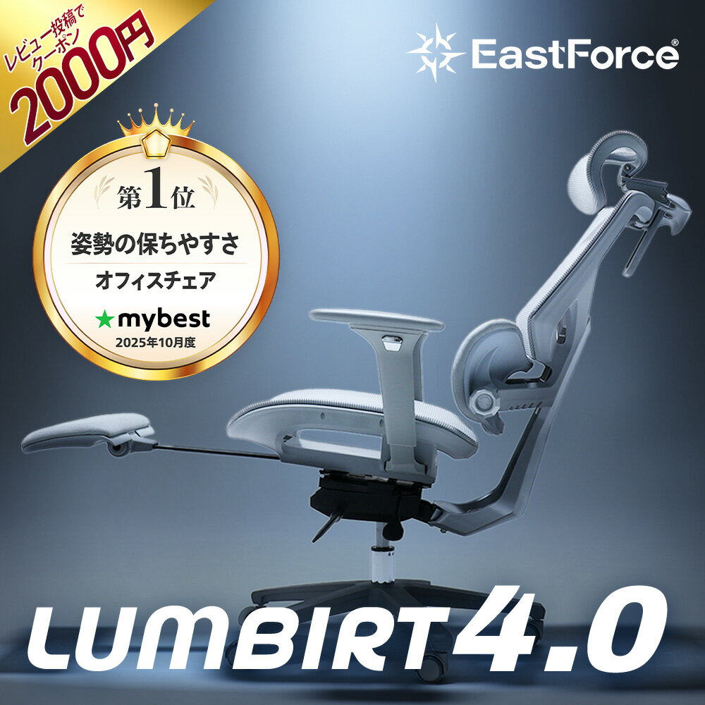 [楽天1位/1000円OFF]EastForce LUMBIRT 4.0 国内メーカー 高級 オフィスチェア デスクチェア メッシュ ハイバック リクライニング ヘッドレスト フットレスト アームレスト 肘付き ブラック グレー おしゃれ オットマン 付き 人間工学 姿勢 腰痛 腰 長時間 疲れない 送料無料